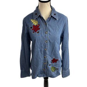 Holiday Editions Womens Denim Shirt Embroidered Leaves Vintage Y2K Size M